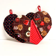 Load image into Gallery viewer, Valentine's Day potholders; Heart-shaped potholders; Quilted pot holders; Romantic kitchen accessories; Love-themed potholders; Valentine's Day kitchen décor; Heart quilted hot pads; Handmade Valentine's gifts; Kitchen essentials for Valentine's; Heart quilted trivets; Romantic home décor; Couples' cooking accessories; Valentine's Day cooking gifts; Red and pink potholders; Unique kitchen Valentine's gifts