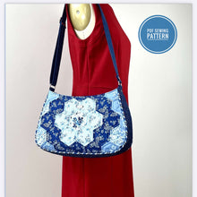 Load image into Gallery viewer, Blue and white floral patterned shoulder bag on a mannequin with sewing pattern details.