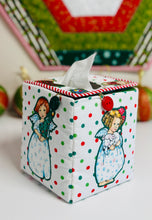 Load image into Gallery viewer, Decorative tissue box cover with polka dots and illustrations of two girls on a white surface.