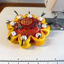 Load image into Gallery viewer, Vintage Pincushion with eight little persons, Silk pincushion - yellow