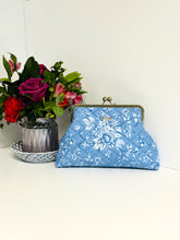 Load image into Gallery viewer, Quilted cotton clutch purse with 8" wide metal frame - blue floral