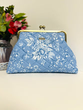 Load image into Gallery viewer, Quilted cotton clutch purse with 8" wide metal frame - blue floral