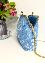 Load image into Gallery viewer, Quilted cotton clutch purse with 8" wide metal frame - blue floral
