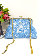 Load image into Gallery viewer, Quilted cotton clutch purse with 8" wide metal frame - blue floral