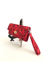 Load image into Gallery viewer, fabric wallets fabric clutch with strap; rose wallets; pink wallets; pink clutch; red roses wallet