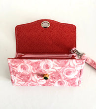 Load image into Gallery viewer, fabric wallets fabric clutch with strap; rose wallets; pink wallets; pink clutch