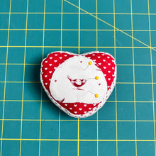 Load image into Gallery viewer, Heart Shaped Patchwork Pincushion - bird
