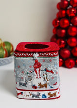 Load image into Gallery viewer, Decorative tissue holder with Christmas-themed design featuring dogs and a red hat, placed against a white background.
