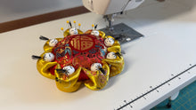 Load image into Gallery viewer, Vintage Pincushion with eight little persons, Silk pincushion - gold
