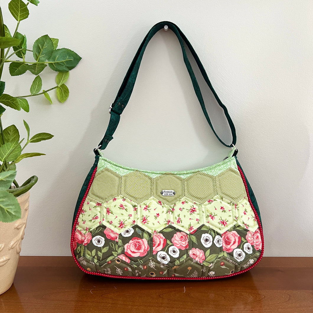 Patchwork Quilted Shoulder Bag, Hexagon Patchwork bag - Green Garden