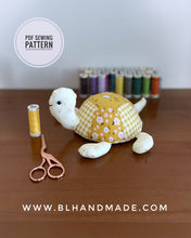 Load image into Gallery viewer, Turtle Patchwork Pincushion Sewing Pattern for instant download
