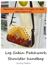 Load image into Gallery viewer, Log Cabin Patchwork Bag; Log Cabin Patchwork handbag; Patchwork bag; Vintage patchwork bag; Log cabin bag pattern; Vintage bag pattern; Handbag sewing pattern; Purse sewing pattern
