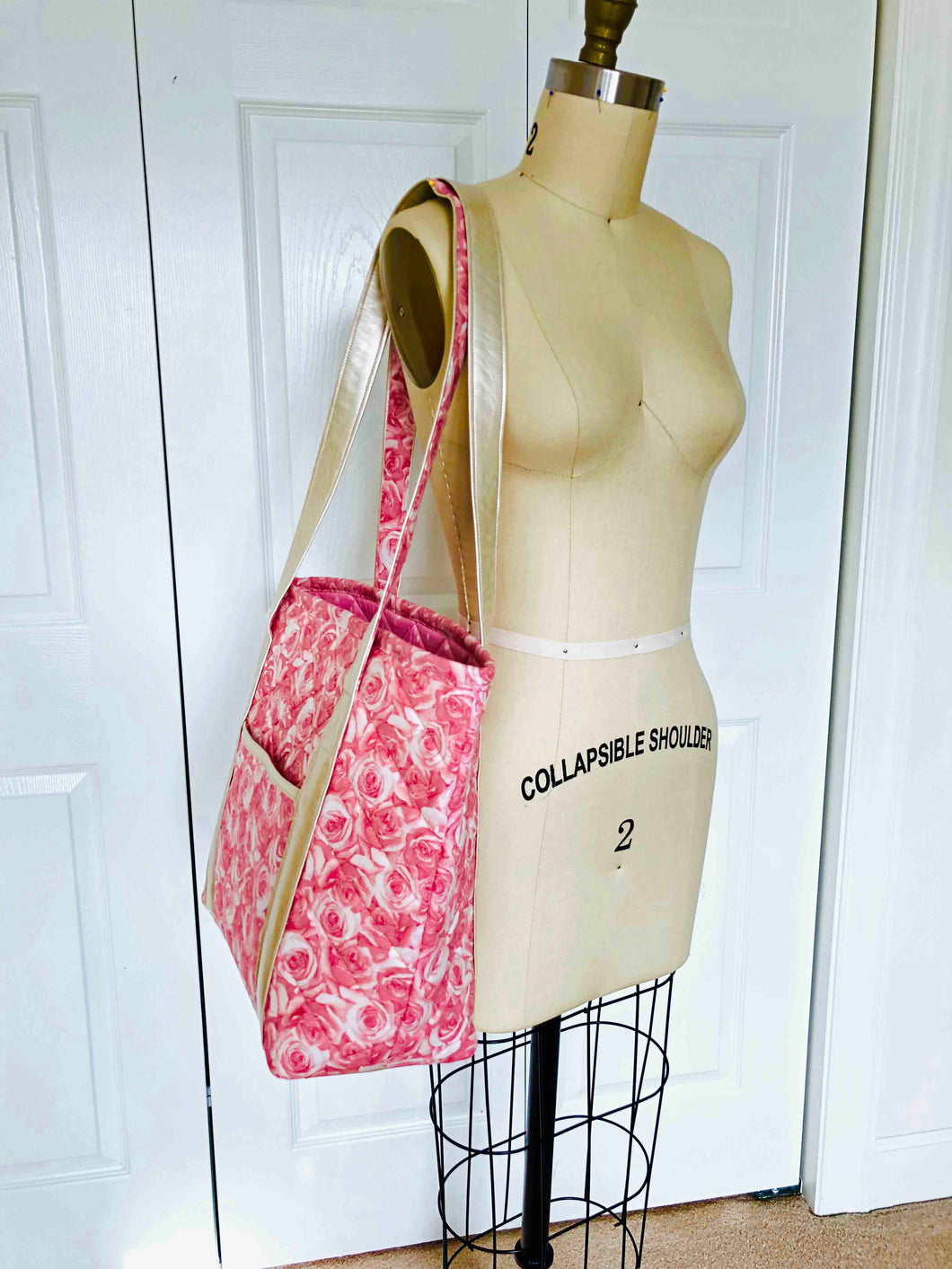Handmade Large Cotton Quilted Shoulder Handbags - Pink Roses