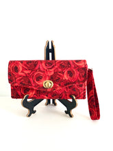 Load image into Gallery viewer, fabric wallets fabric clutch with strap; rose wallets; pink wallets; pink clutch; red roses wallet
