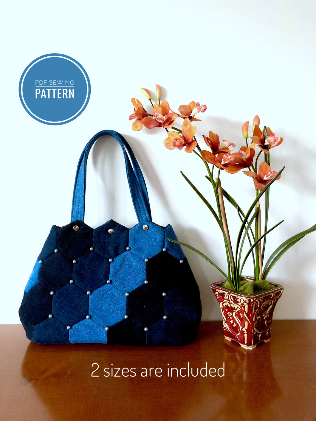 Hexagon patchwork sewing pattern; Denim patchwork pattern; PDF pattern; Patchwork handbag; Sewing pattern; Denim Handbag