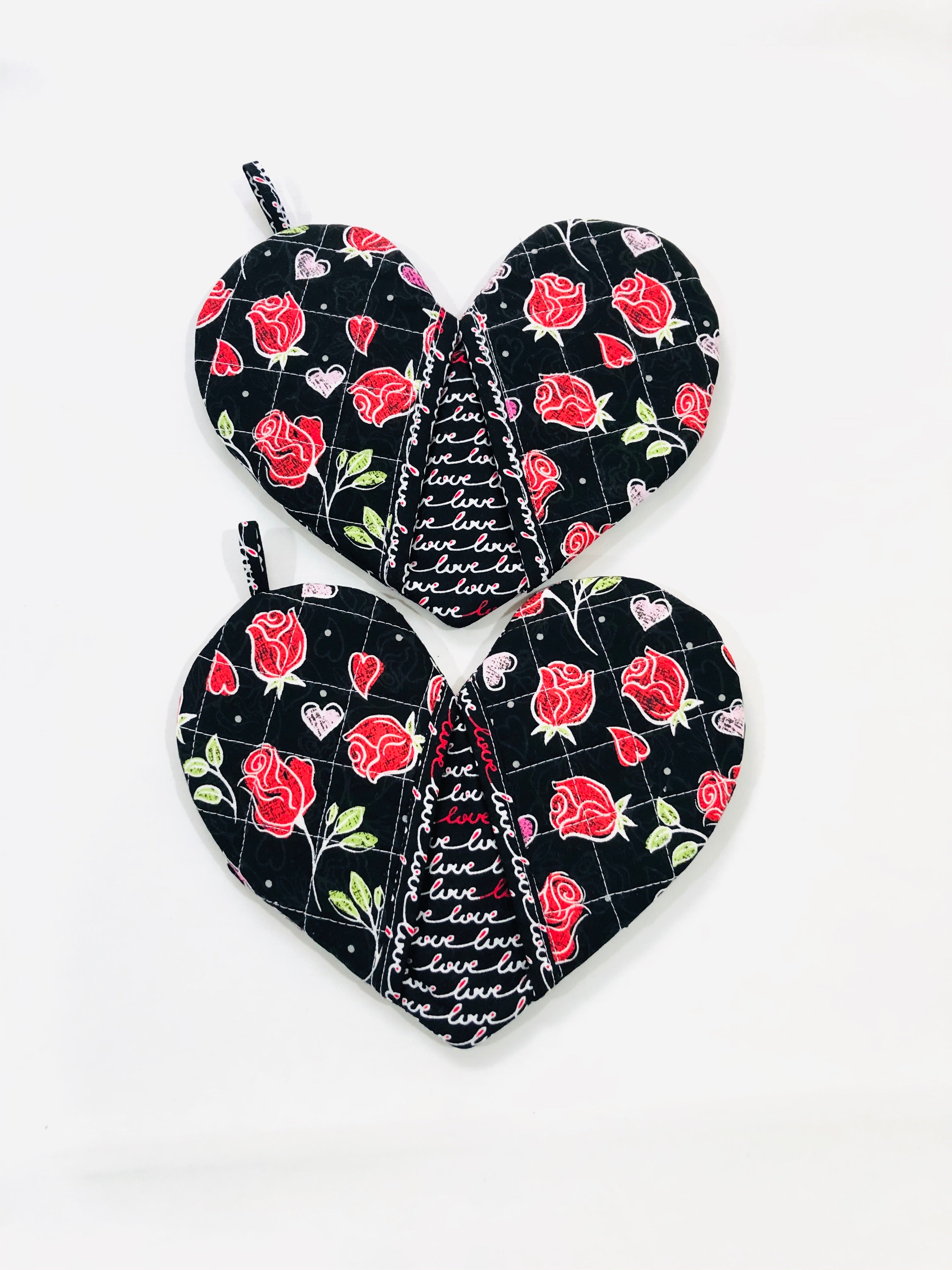 One pair of heart-shaped potholders; oven mitts - red hearts – BL Handmade