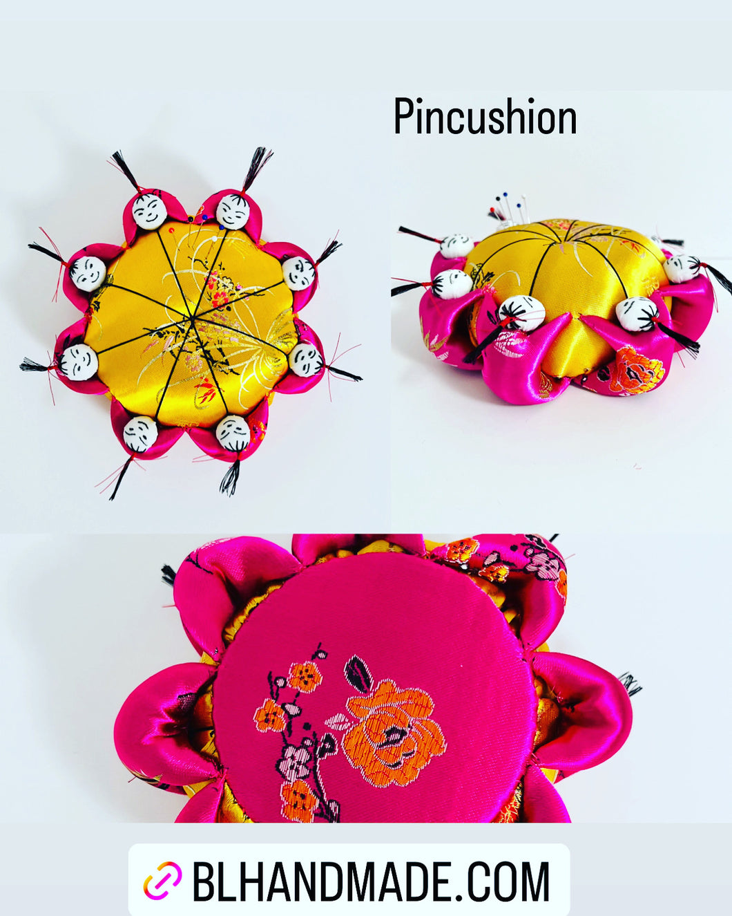 Silk vintage Chinese Eight little persons Pincushion Pink