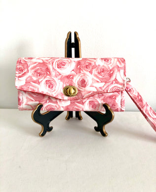 fabric wallets fabric clutch with strap; rose wallets; pink wallets; pink clutch